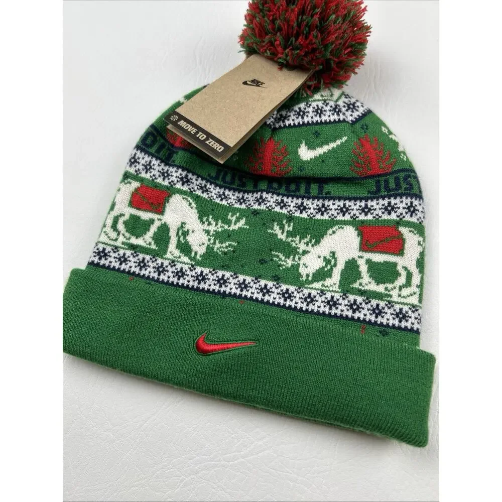 Nike Christmas Pom Beanie Hat Green Reindeer Just Do It Cuffed One Size NWT